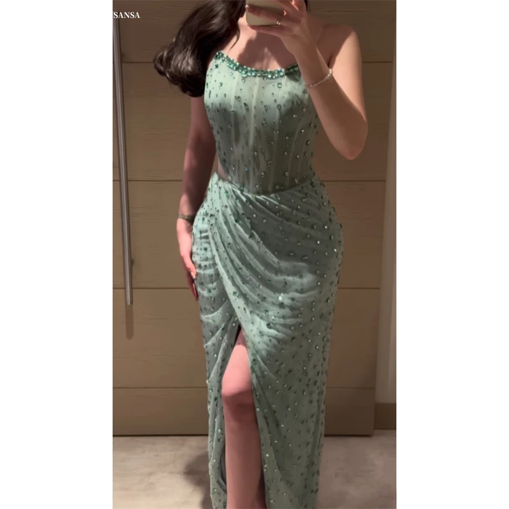 

Sansa Customized Aqua Mermaid Side Split Cut-out Prom Dress Rhinestones Strapless Vestidos De Noche Floor-Length Formal Evening