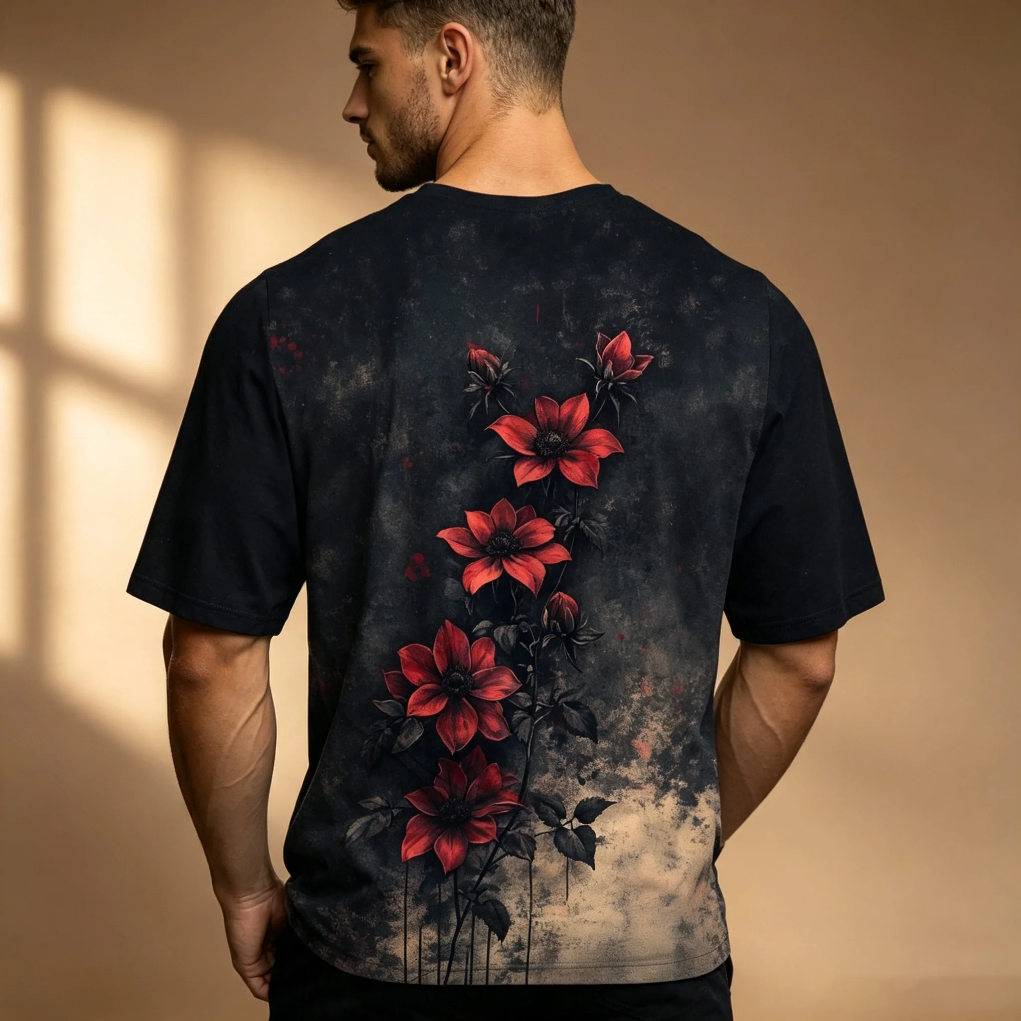 Men Vintage Red Flower Printed Short Sleeve T Shirt Retro Distressed Black Crew Neck Casual Street Fashion Tops
