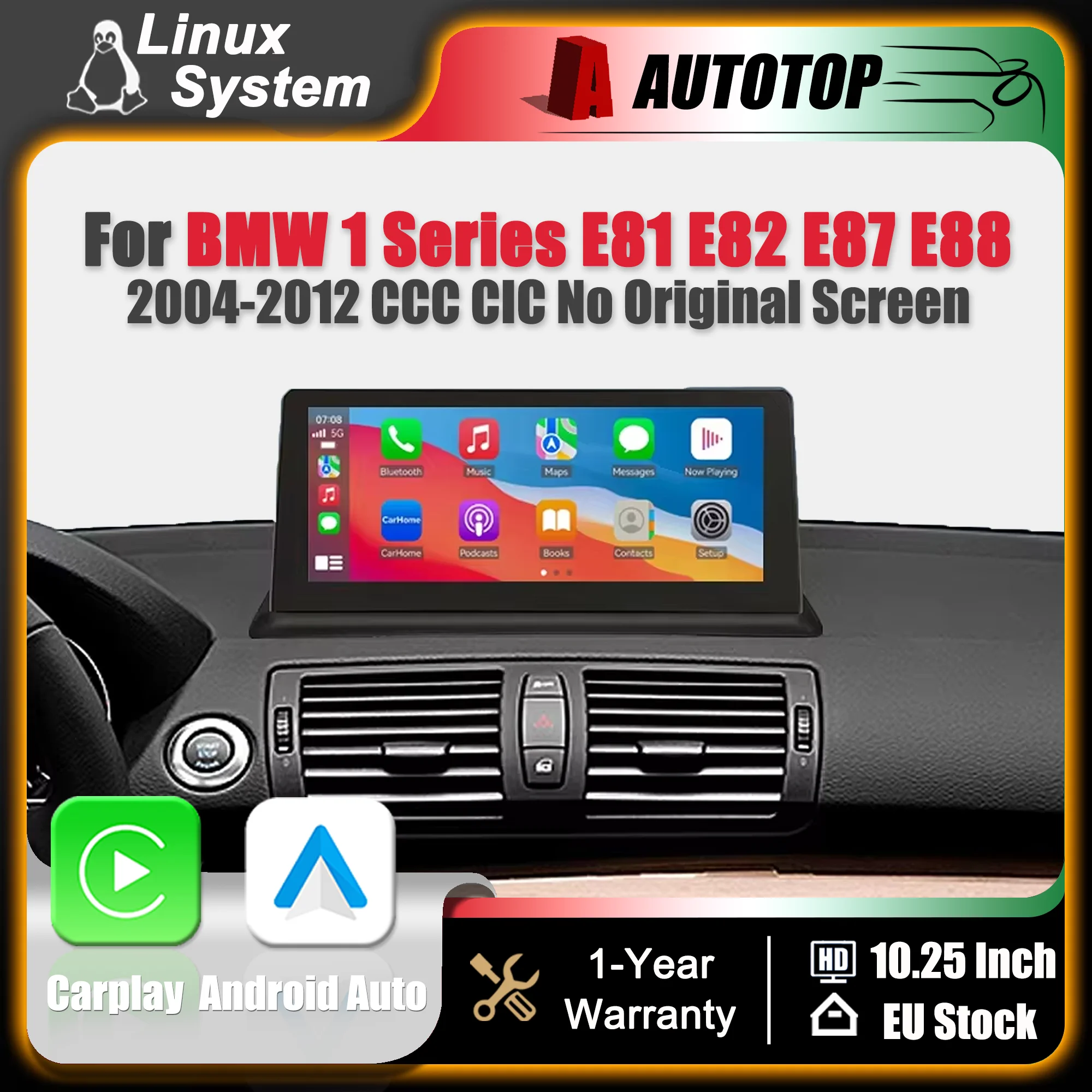 Autoradio da 10,25 pollici con schermo touchscreen 1920*720P, sistema wireless Carplay e Android Auto, sistema Linux, per BMW Serie 1 E87 E81 E82 E88 2004-2012, CCC CIC, senza schermo, navigazione
