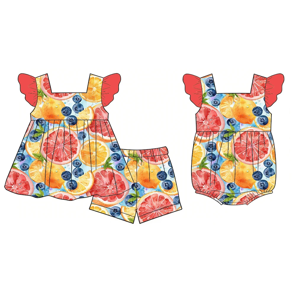 Boutique kids set spaghetti strap dress with flutter sleeves paired with shorts fruit popsicles print girl romper and set