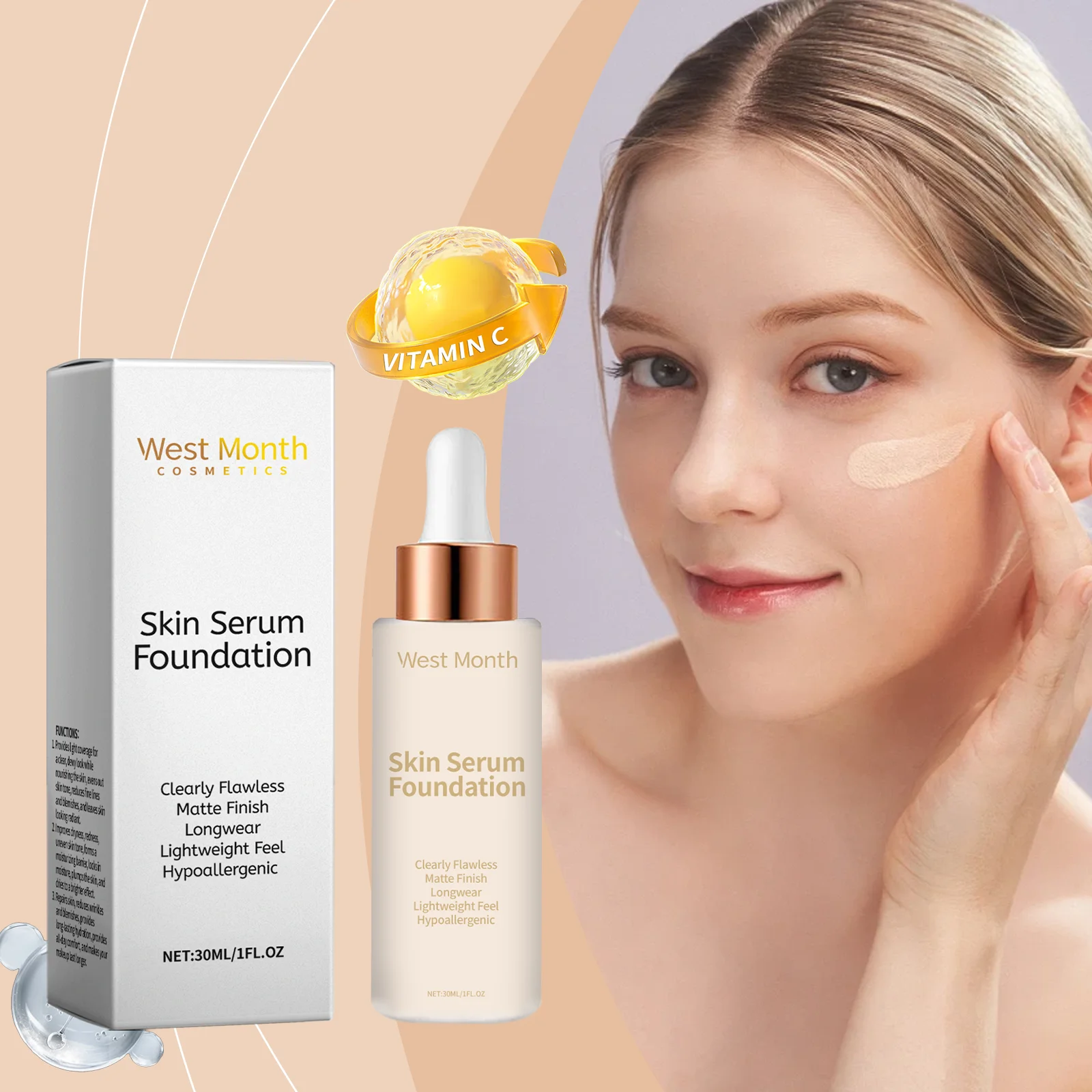 

West&Month 30ml Concealing Foundation Lightweight Base Makeup Waterproof Oil Control Long Lasting Hydrating Matte Foundation