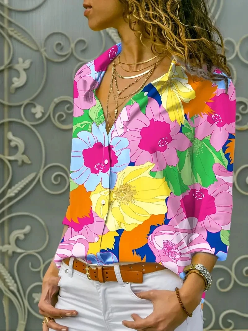 Camicia e camicette da donna, camicia con bottoni con stampa floreale, camicia Casual a maniche lunghe per la primavera 2024 e l\'autunno