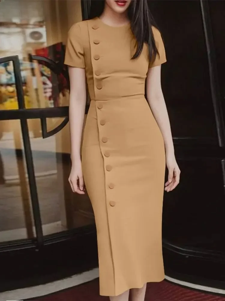 ZANZEA Women Elegant Wrap Hip Dress 2024 Summer Short Sleeve Evening Dress Slim Party Midi Dress Sexy Office Buttons Vestidos — zdjęcie 2