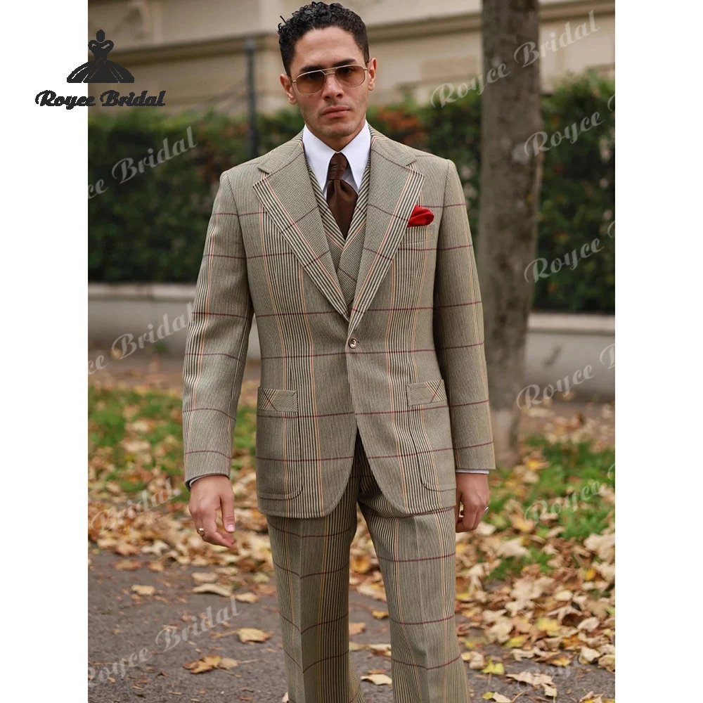 Checked Striped Three Piece Single Breasted Men's Suit Wedding 2026 Peak Lapel Evening Prom Suit Customized trajes para hombre