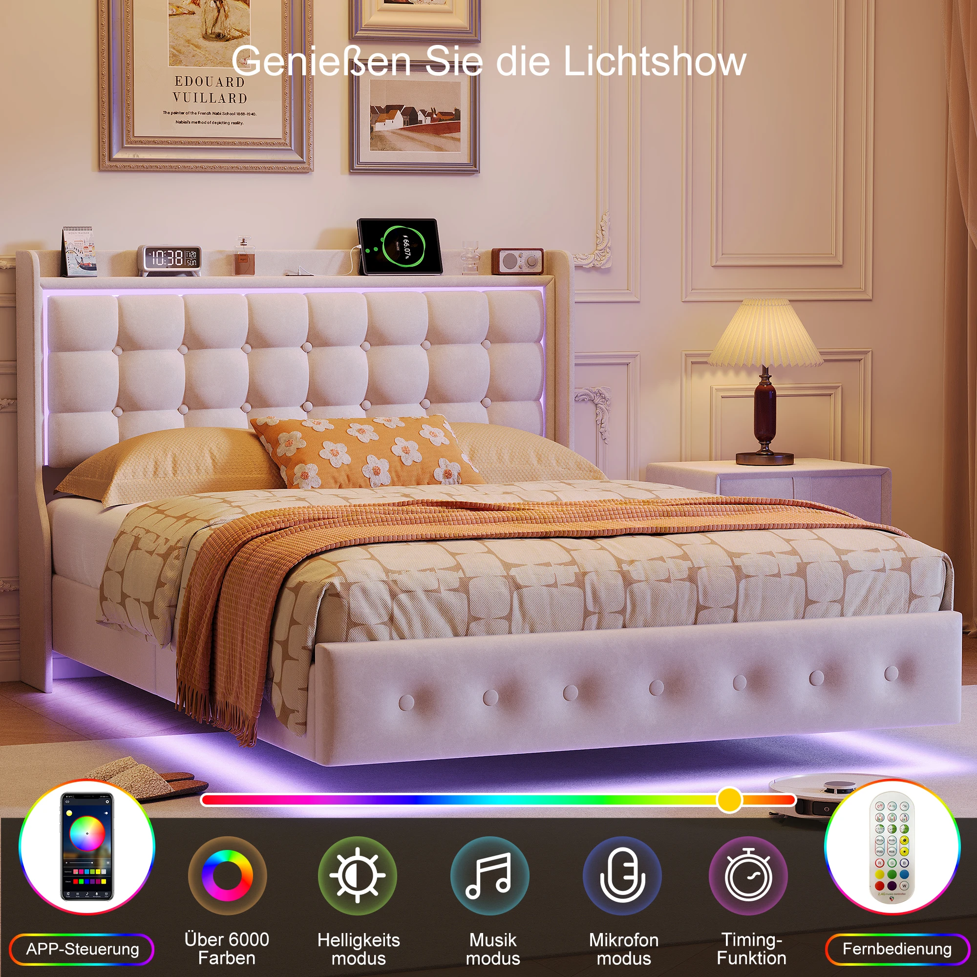 Anajqaqia Cama Doble de 140 x 200 cm, Cama Tapizada con LED y USB, Cama Flotante con Base de Láminas, sin Colchón, Terciopelo, Blanco