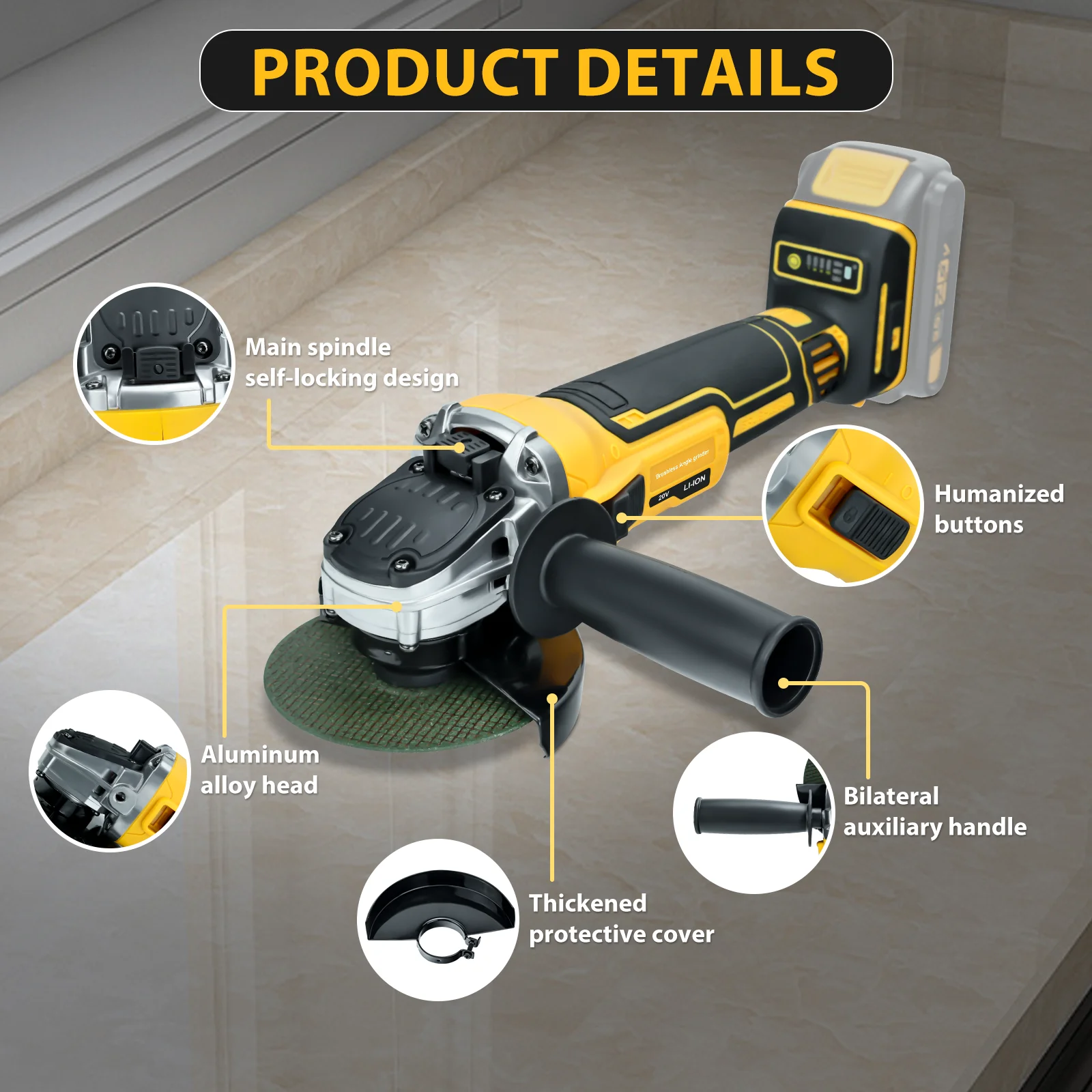 Cordless Angle Grinder for Dewalt 20V Battery 6600RPM Brushless Electric Grinder 4 Variable Speed Metal Grinder for 4.9\'\'Wheels