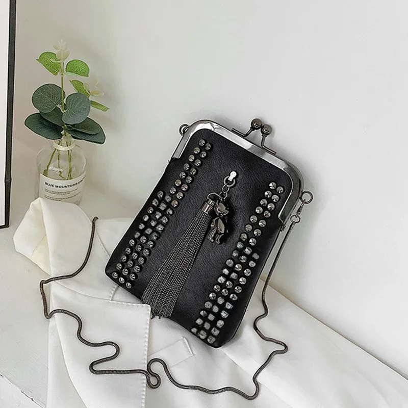 Nit Fringe moda Vintage Punk torby designerskie PU skórzana torba z łańcuszkiem damskie torby na ramię typu crossbody torebki damskie torebka na telefon — zdjęcie 2