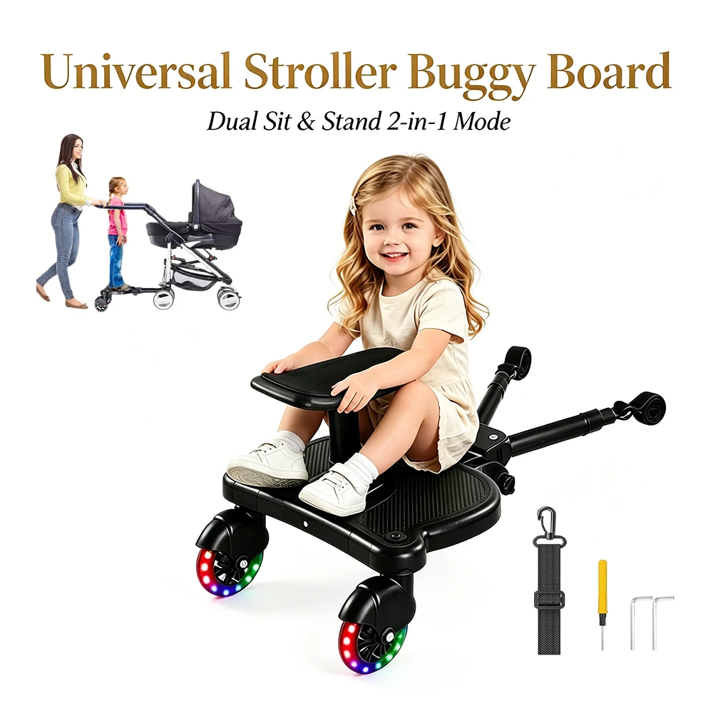 Pedana Universale per Passeggino con Seduta Rimovibile, 360° °   Ruote LED lampeggianti, barre di collegamento regolabili, pedana per passeggino con d