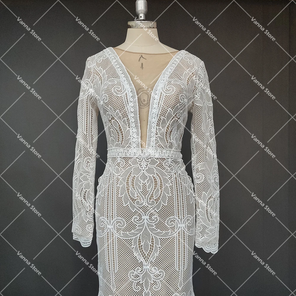 Aberto Sheer Voltar Vestido de Noiva, Manga Comprida, Decote V Profundo, Cut Out Lace, Sereia Vestido De Noiva, Custom Made, Transparente, Retro, Fotos Reais