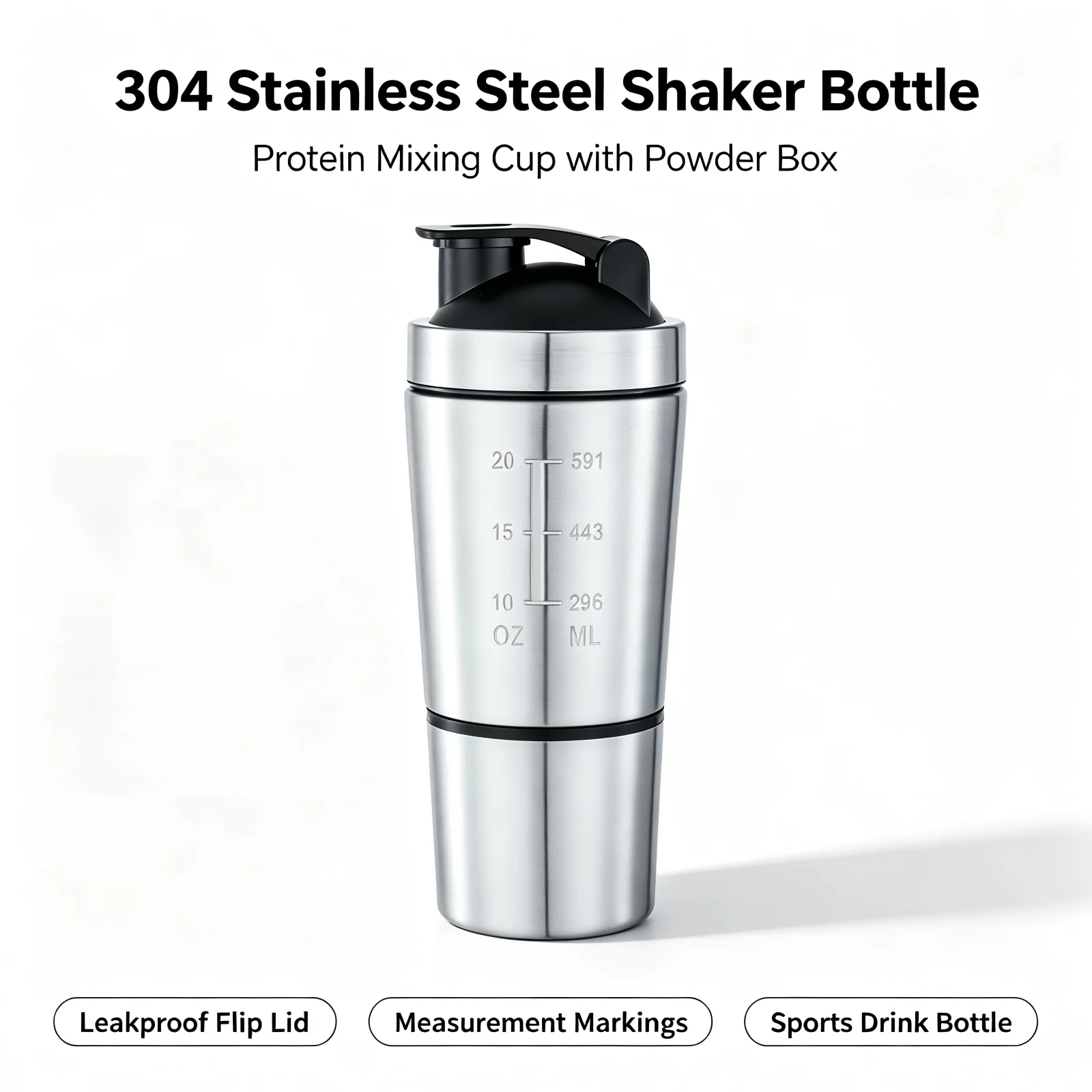 304 Stainless Steel Protein Shaker Bottle with Scale Mark Portable Mixing Mug For Gym Fitness Outdoor Sports Training Accessory