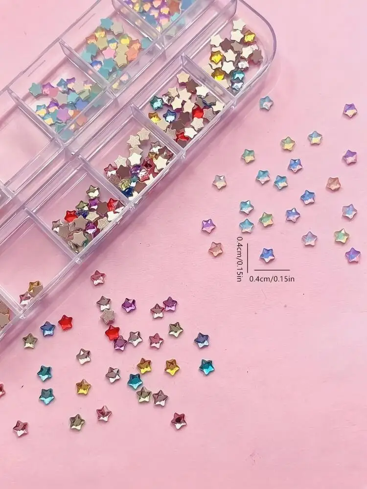 12 Stück Sommer-Karo-Nagelaufkleber Y2K Mocha Seestern- & Sternmuster mit Strasssteinen, DIY Nagelkunst für Alltag & Date – Detail 3