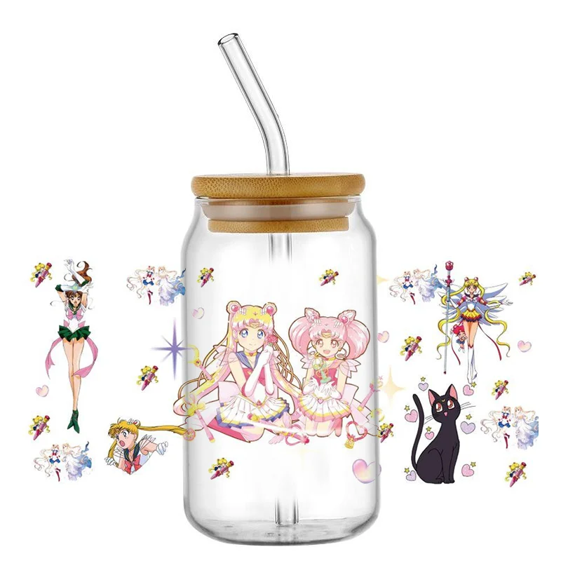 Miniso New SAILOR MOON serie giapponese decalcomanie fai da te trasferimenti 3D adesivi in cristallo uvdtf 16oz uv dtf cup wraps per occhiali Libbey