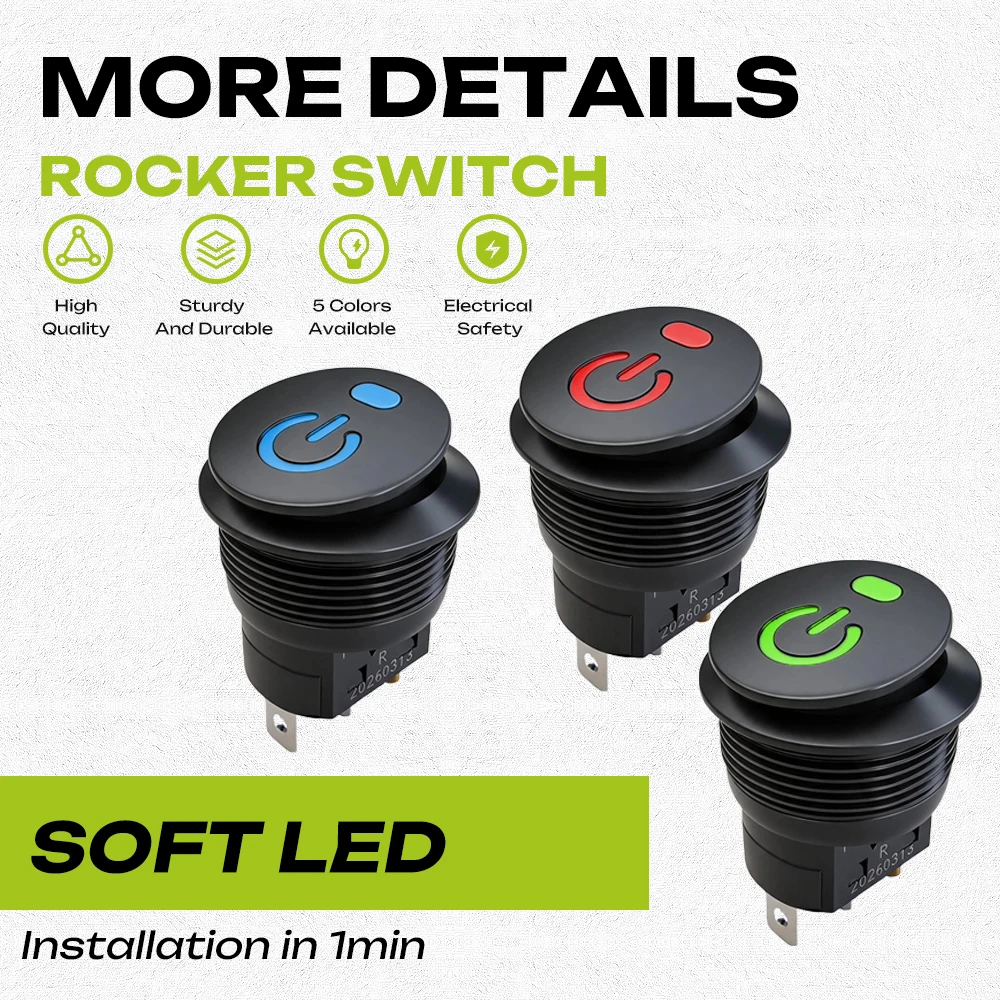 FILN Round LED Power Symbol Rocker Switch Zinc-Aluminum Alloy 3Pin 16A 12V-24V ON-OFF Illuminated Button Red Green Blue