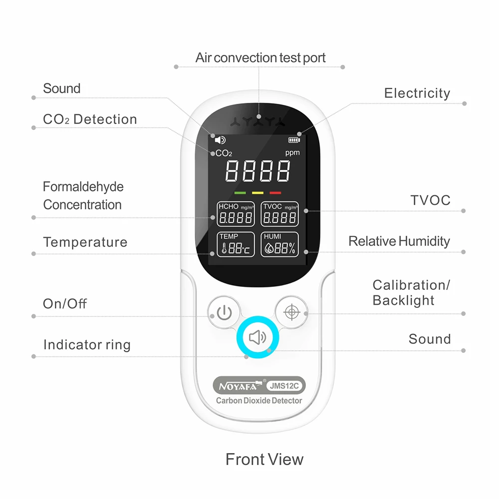 NOYAFA-Detector de Qualidade do Ar Multifuncional Portátil, 5 em 1, HCHO, Co2, Monitor TVOC, Display LCD, Testador de Temperatura Doméstica, JMS 12C