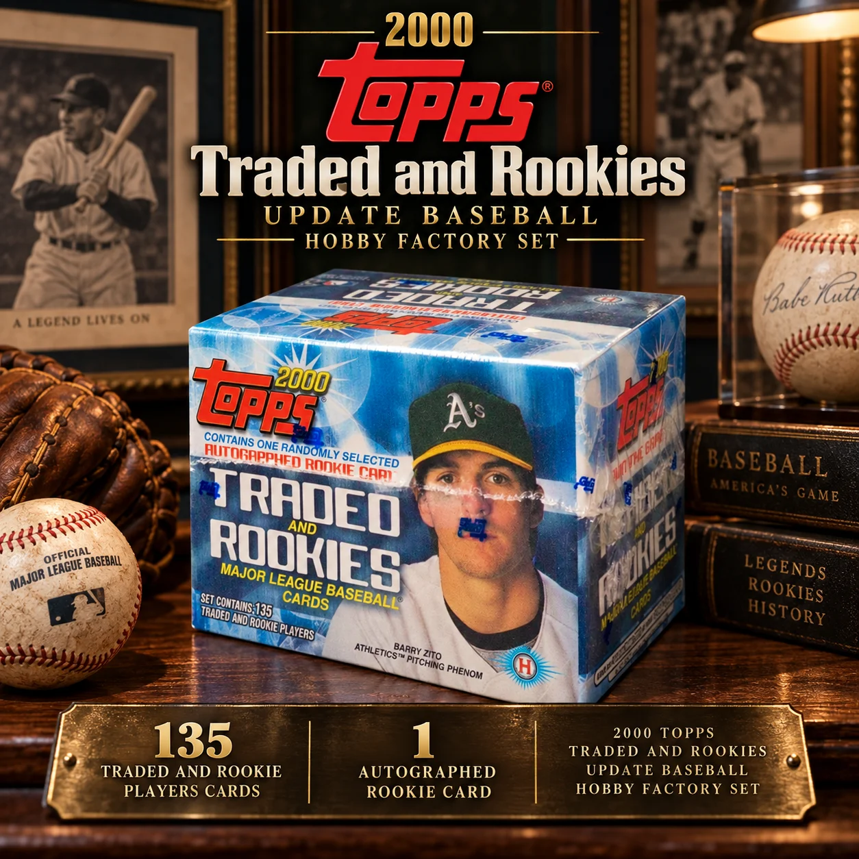2000 Topps Traded and Rookies Update Baseball Hobby Factory Set, 135 Traded and Rookie Player Cards, 1 Autographed Rookie Card, Baseball Card Set for Sports Memorabilia Display and Vintage Card Collections