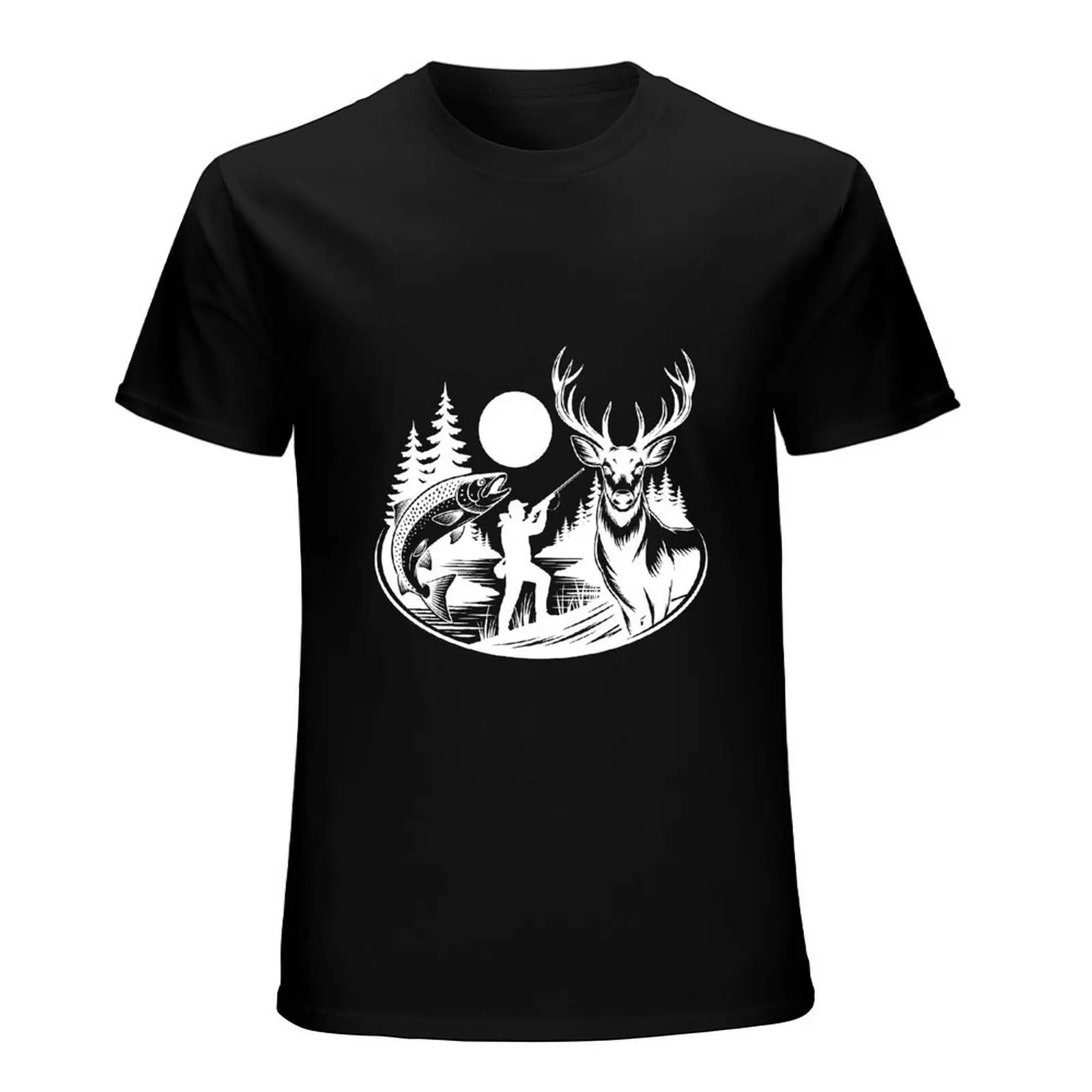 Outdoor Camping Buck Antler Hunting Rifle Retro Print Black T Shirt Mens Loose Casual Summer Short Sleeve