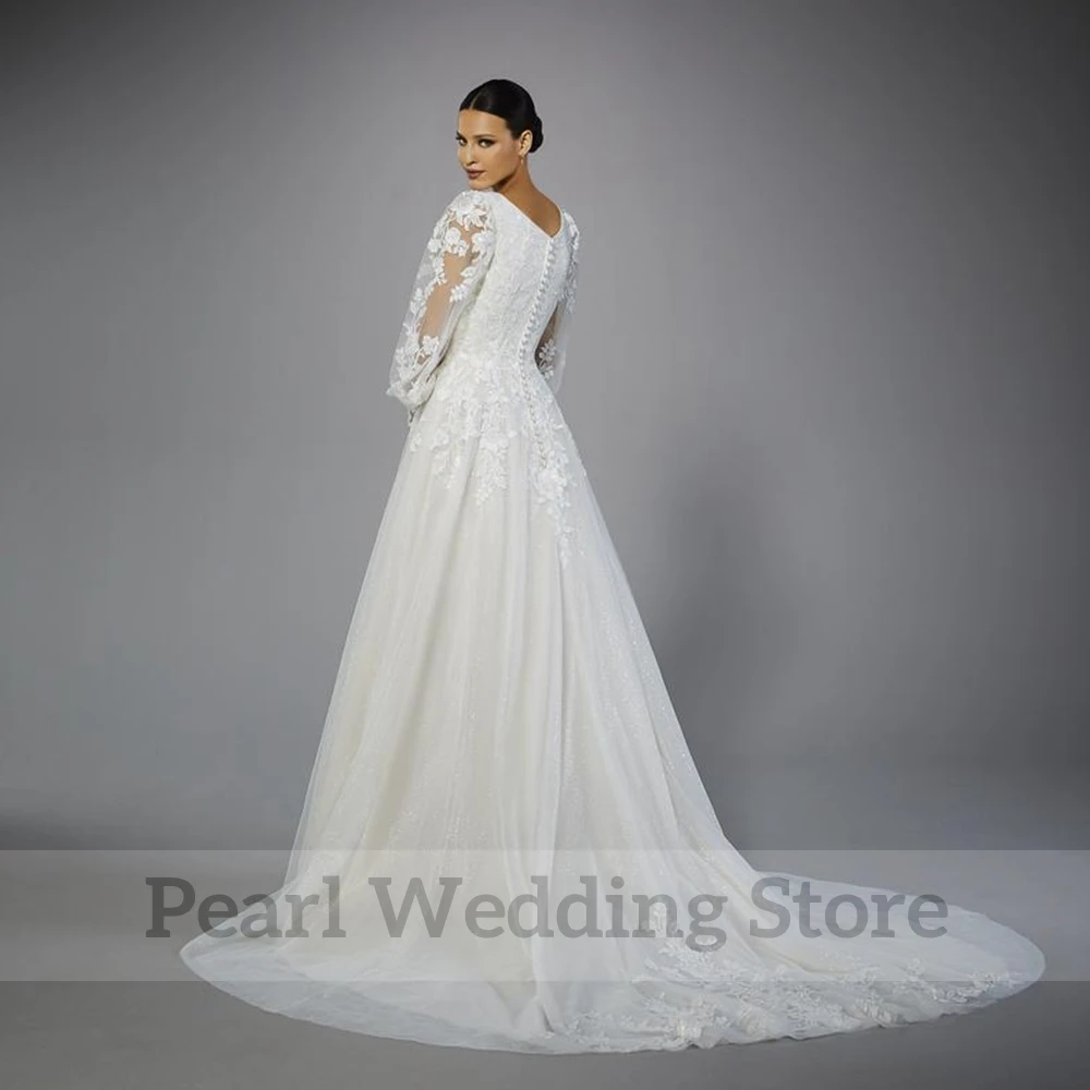 Vintage Square Collar Wedding Dress Tulle Applique Illusion Long Lantern Sleeve Bridal A-Line Floor Length with Buttons Gowns