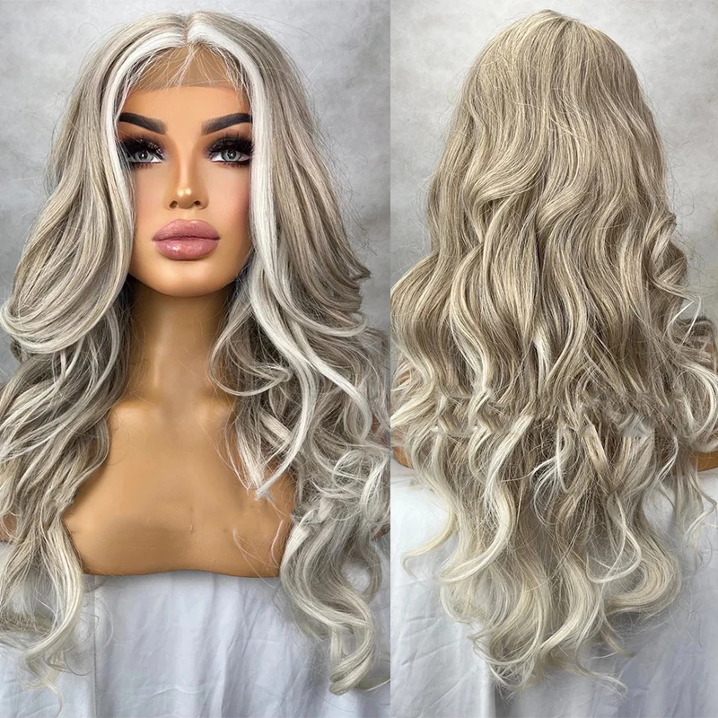 Iced Blonde Wavy Women Wigs Ash Blonde White Highlights Premium Quality Synthetic Hair Fibres Lace Front Wig Human Hair Blends