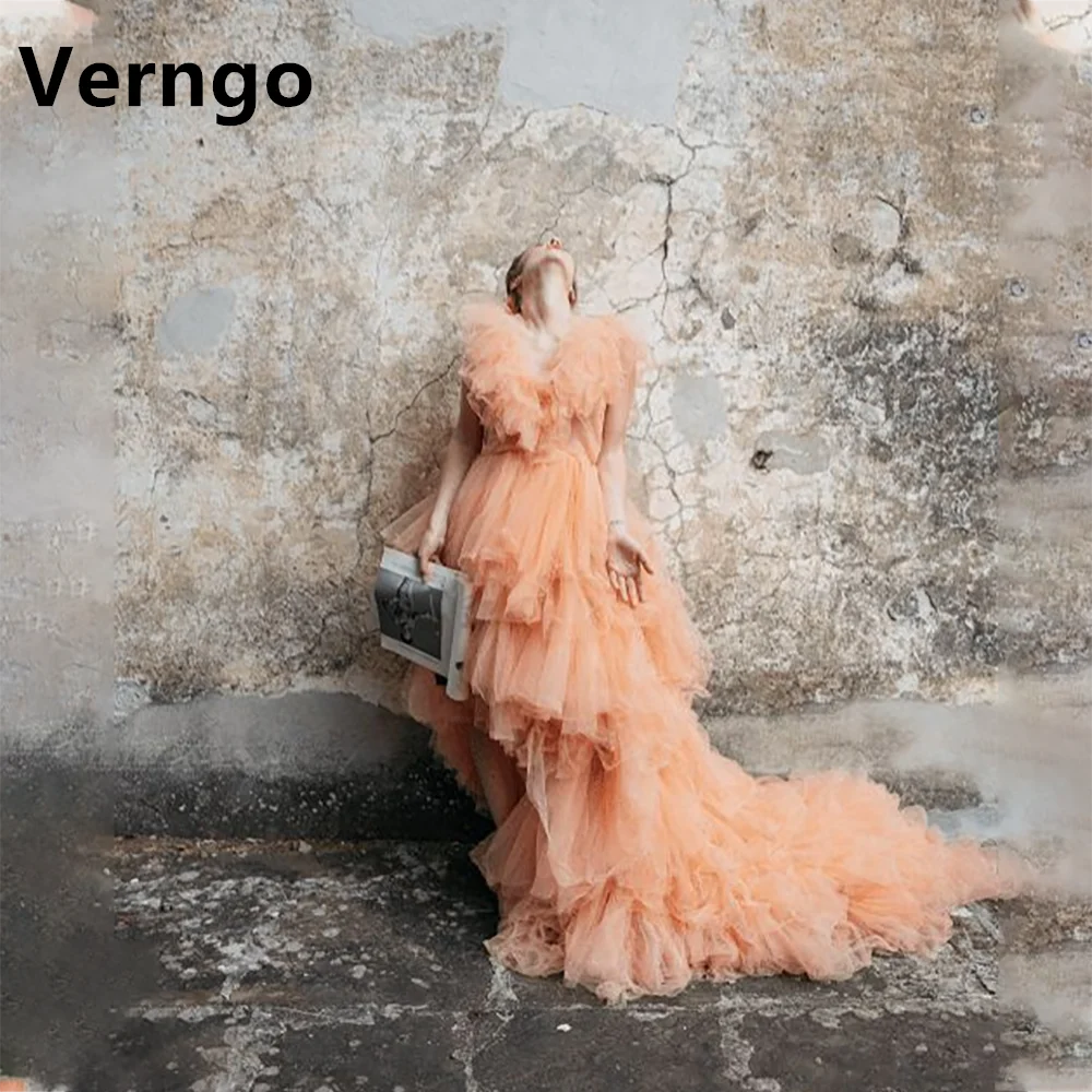 

Verngo Blush Orange Party Dress For Women Tiered Tulle Prom Gowns V Neck Sleeveless Evening Dress Princess Prom Dress