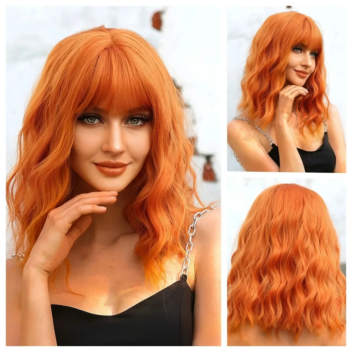 Kurze kupferne Ingwer-synthetische natürliche gewellte Perücken, orangefarbene Halloween-Bob-Perücke mit Pony, hitzebeständig, für Frauen, Cosplay-Perücke