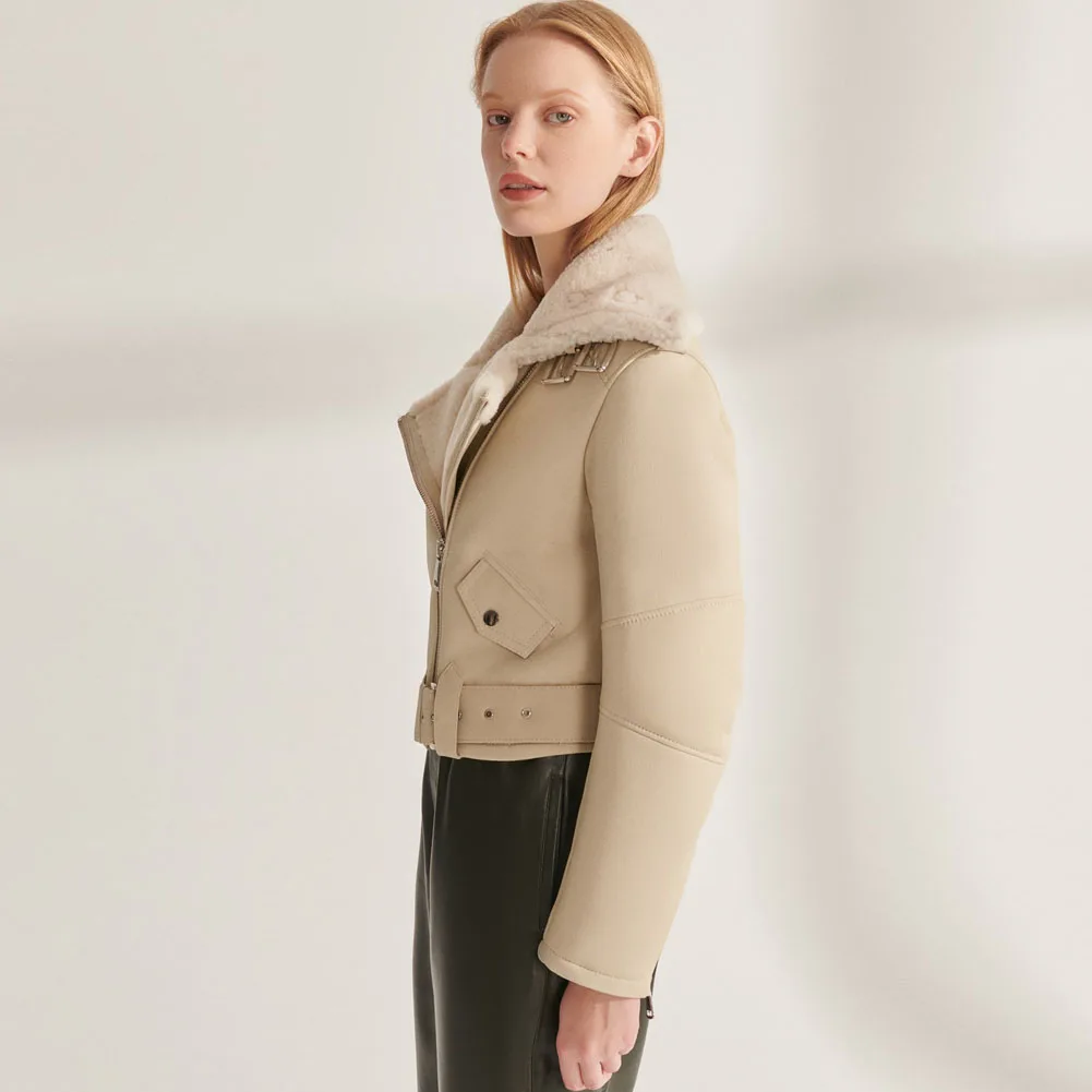 Joyce & Dora-Chaqueta de piel de oveja Natural para mujer, abrigos cálidos de invierno, chaqueta de borreguito Beige