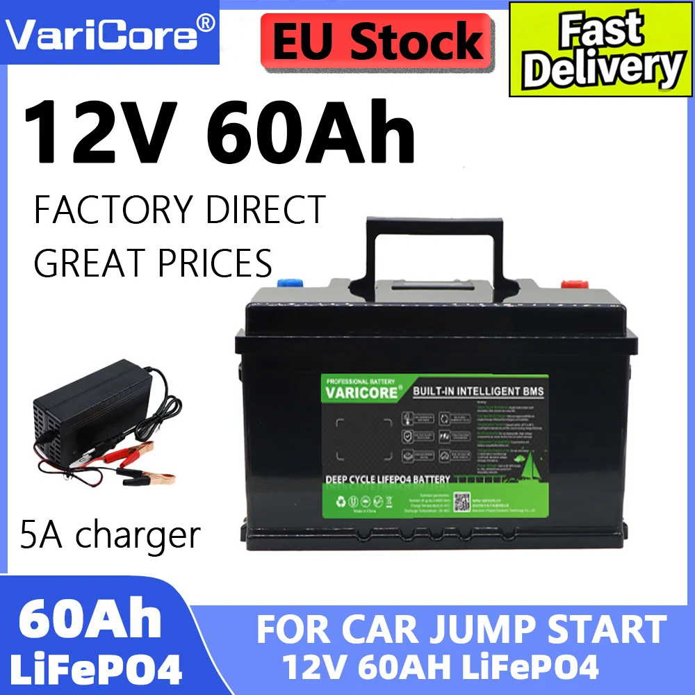 Batteria al litio VariCore 12,8 V 60 Ah LiFePO4 con sistema di gestione della batteria (BMS) integrato, batteria al litio a ciclo profondo per camper, sistemi di pannelli solari, imbarcazioni e