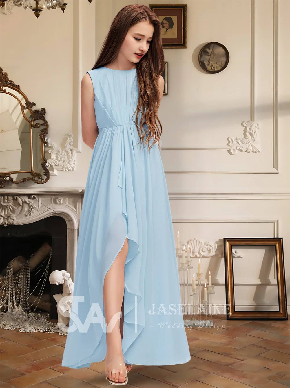 Линия овальной формы длиной до пола, шифоновое платье для подружек невесты с каскадными оборками, платье с цветочным узором для девочек, свадебное торжественное мероприятие