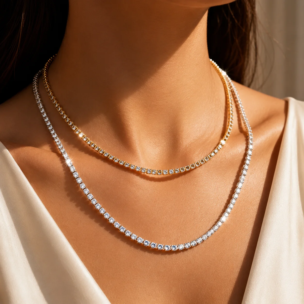 Stainless Steel Cubic Zircon Rhinestone Necklace for Women Luxury Tennis Chain Choker Necklace Minimalist Jewelry Accessories
