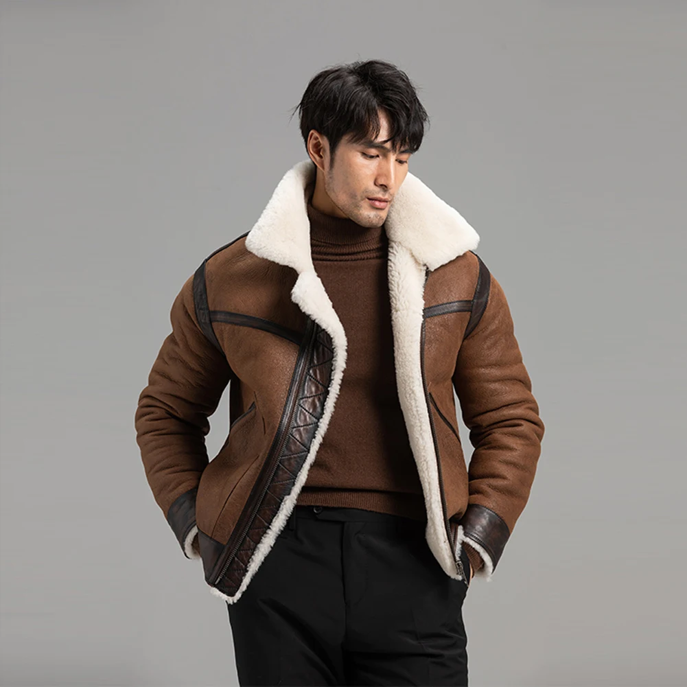 Denny&Dora Men's Brown Shearling Jacket Warm Winter Sheepskin B3 Flight Jacket Classic Cozy Outerwear for Men