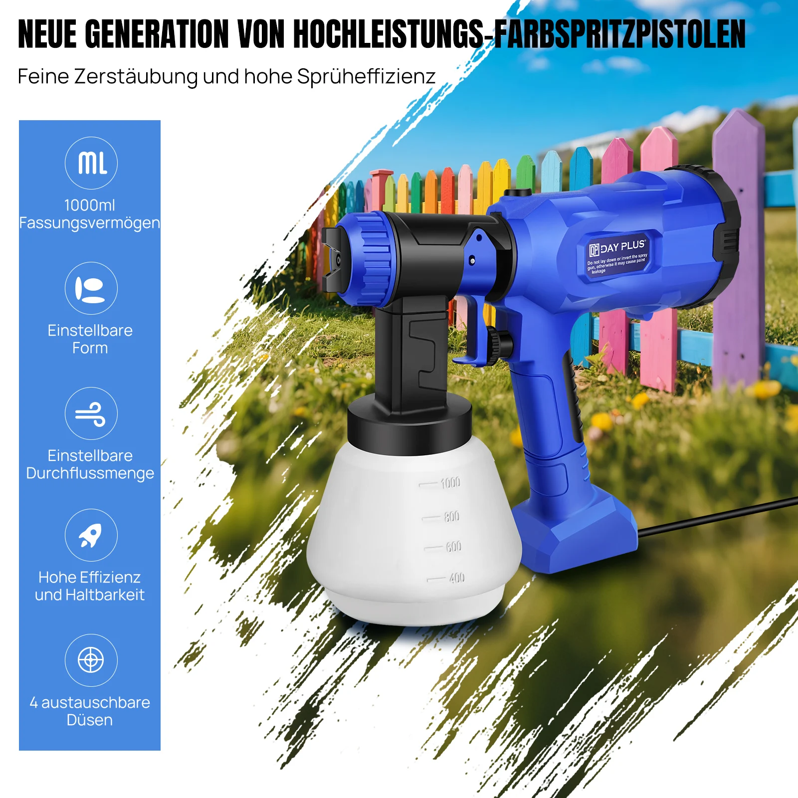 900W HVLP Kleurenspuitpistool met 4 spuitmonden en 3 standen, afneembare 1000ml tank voor tuin, thuis/professioneel & huishoudelijk gebruik