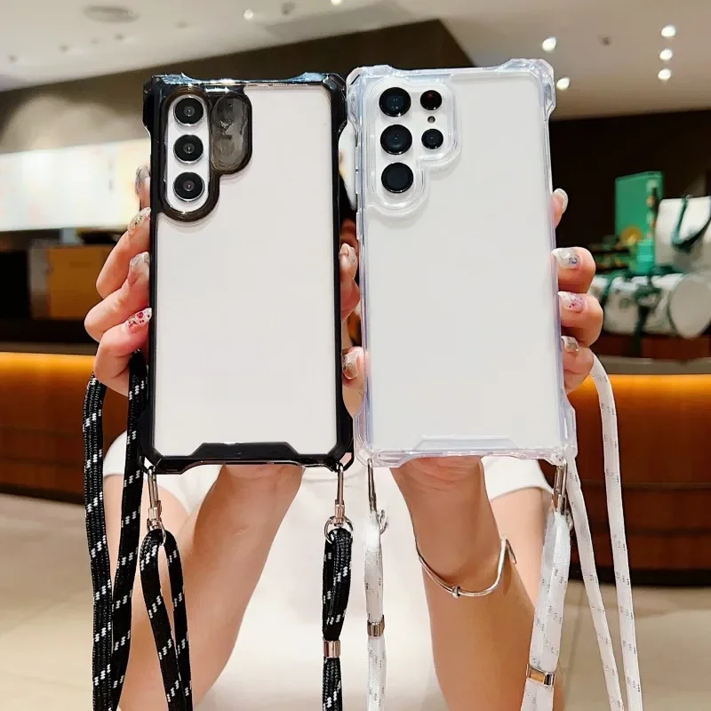 Étui à sangle à quatre coins pour Samsung Galaxy A56 A55 S25 S24 Ultra S23 Plus S25 S26, avec cordon bandoulière, antichoc, transparent