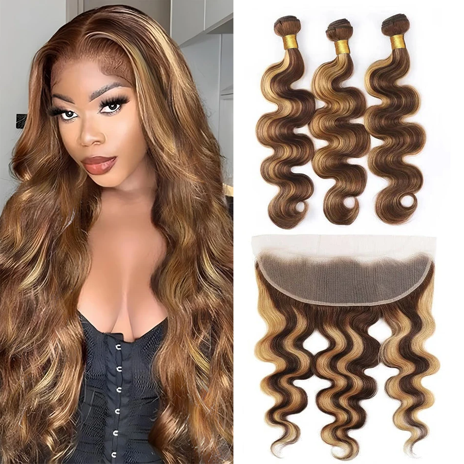 Body Wave Bundles with Frontal Honey Blonde Highlight 3 Bundles with 13x4 Transparent Lace Frontal Ear to Ear Virgin Human Hair