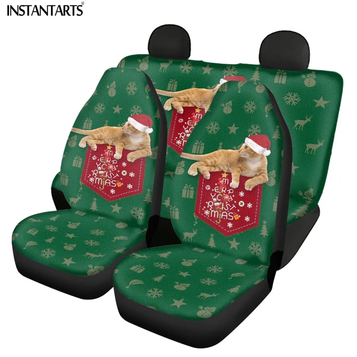 INSTANTARTS Cute Christmas Cat Pattern Car Front and Back Seat Covers Classical Comfortable Green Protector Mat for Most Vehicle