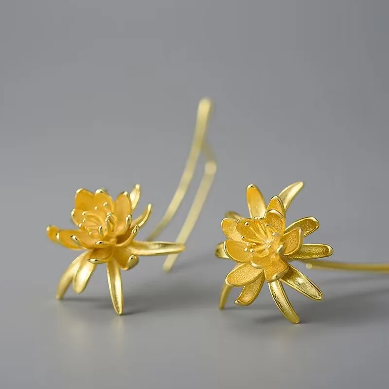 Lotus Fun 18K Gold Night-Blooming Cereus Flower Long Dangle Earrings for Women 925 Sterling Silver Originzl Luxury Fine Jewelry