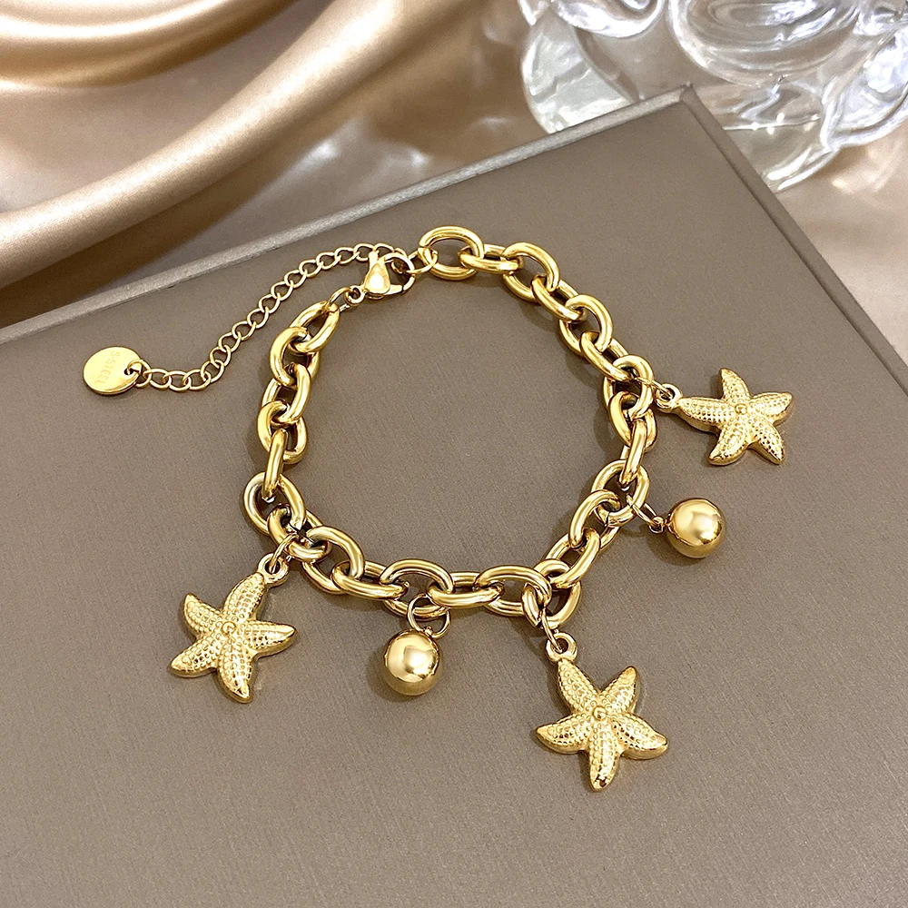 Trendy Golden Large Starfish Beads Pendant Bracelet for Women Stainless Steel Thick Chain Charm Bracelet Beach Vacation Jewelry