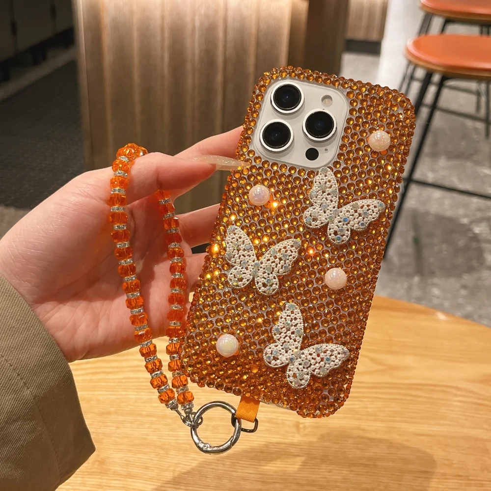 

Light luxury orange diamond pearl butterfly phone case for iPhone 1716ProMax 14 15Pro fundas creative shockproof protective case