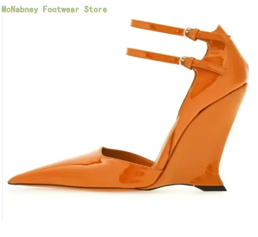 

red pointed leather shoes Double belt buckle High heel Heteromorphic Hollow wedge heels Europe Fashionable new styles