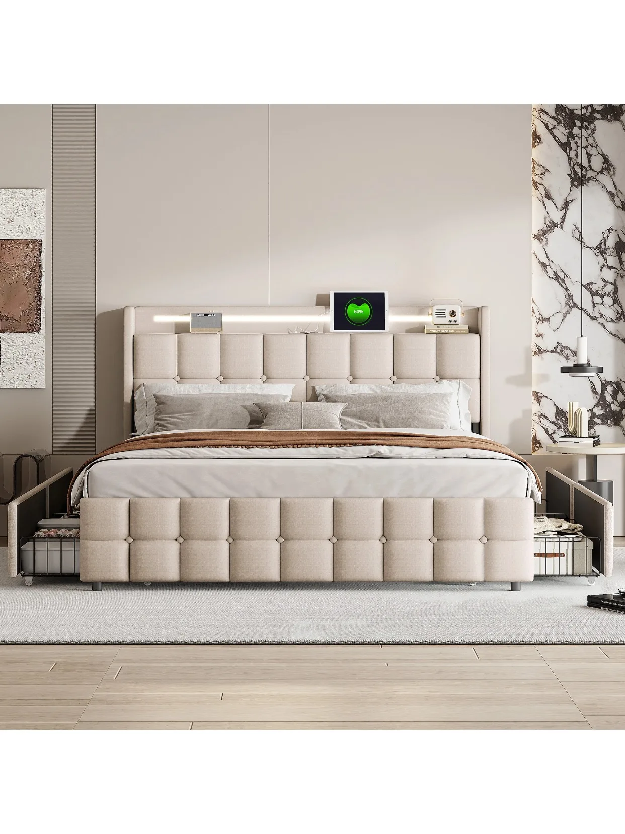 Anajqaqia, 180x200 cm Doppelbett, Polsterbett mit 4 Metallschubladen, Stauraumbett, Großraumiges Vierschubladen-Stauraumbett für den Heimgebrauch, Freistehendes Schlafzimmerbett, Leinen, Beige,