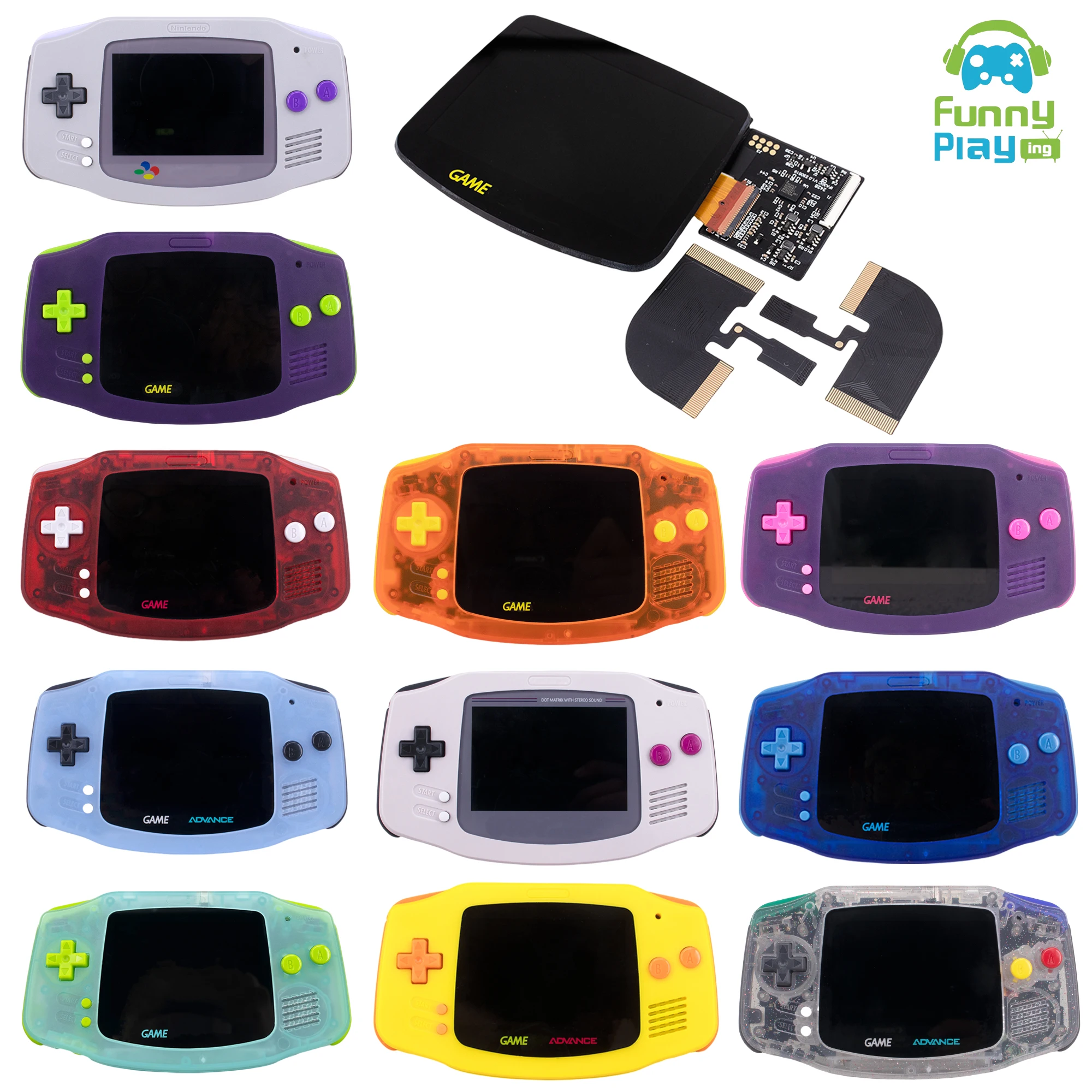 GBA M2 3.0 Inch IPS Backlight Laminated Screen Kit Replacement Housing Shell Button Rubber Pads FunnyPlaying Game Boy advance