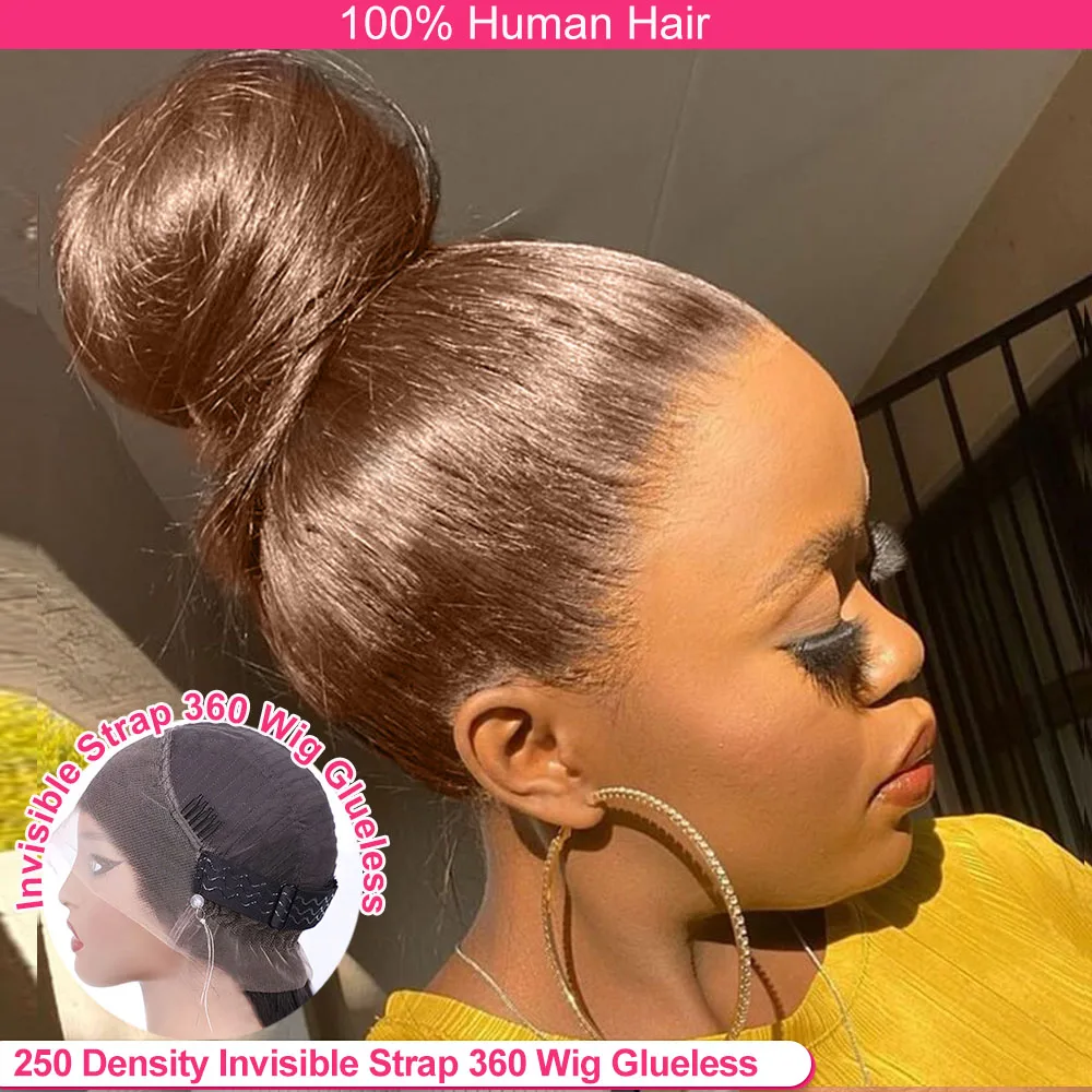 Invisi Strap 360 peluca llena de encaje sin pegamento peluca Frontal de encaje de color marrón Chocolate peluca de cabello humano Frontal de encaje recto de densidad 250