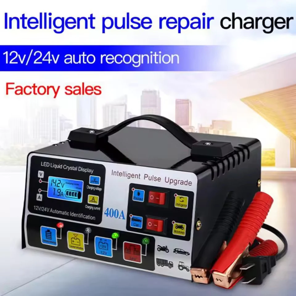 Cargador de Batería de Coche Metálico 12V/24V 220W, Cargador de Batería de Coche Completamente Automático, Reparador de Baterías, Cargador Rápido de Alta Potencia