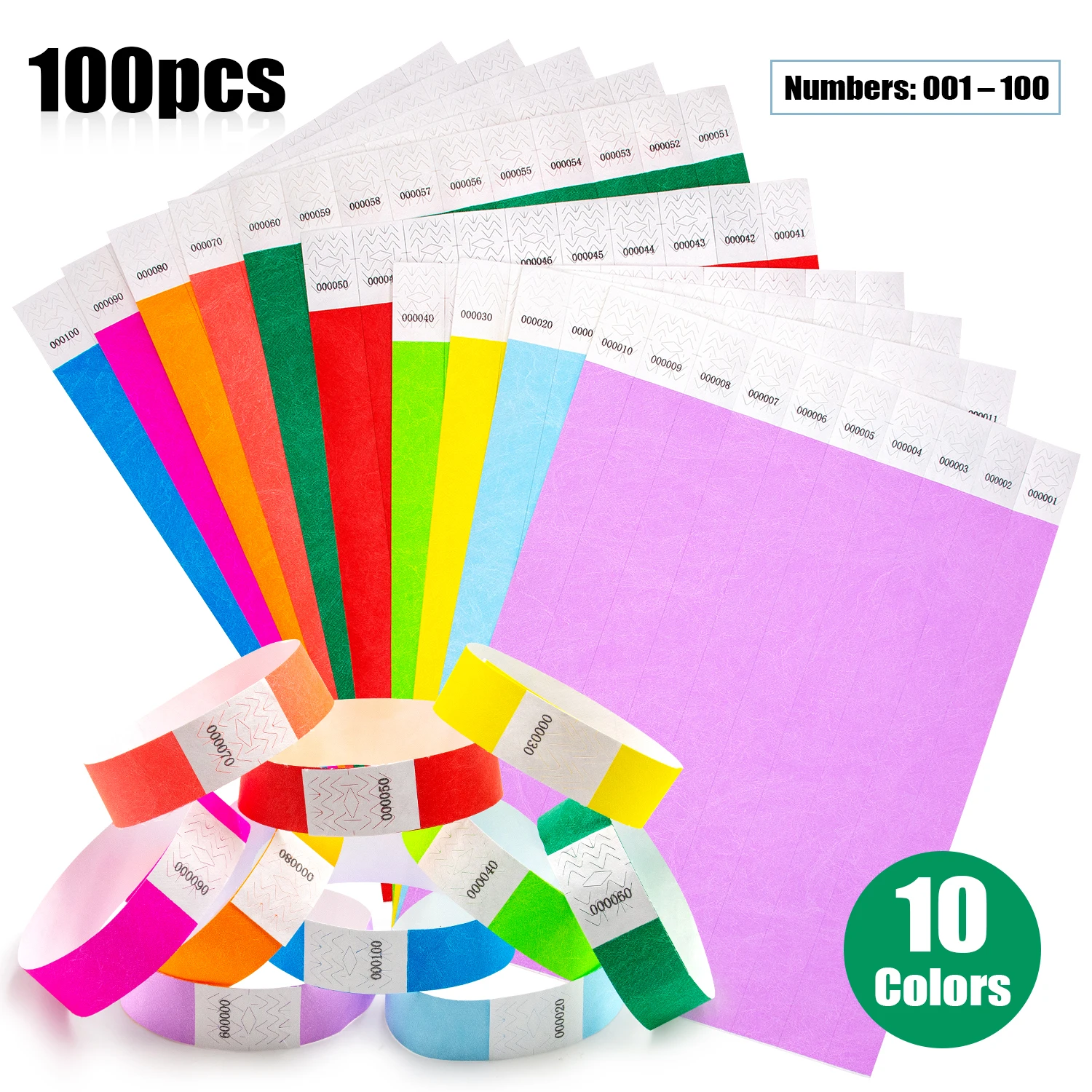 100pcs Mixed 10 Colors（Numbers 001 – 100）Multicolored Tyvek Bracelets Activity Ticket ldentification Band Waterproof