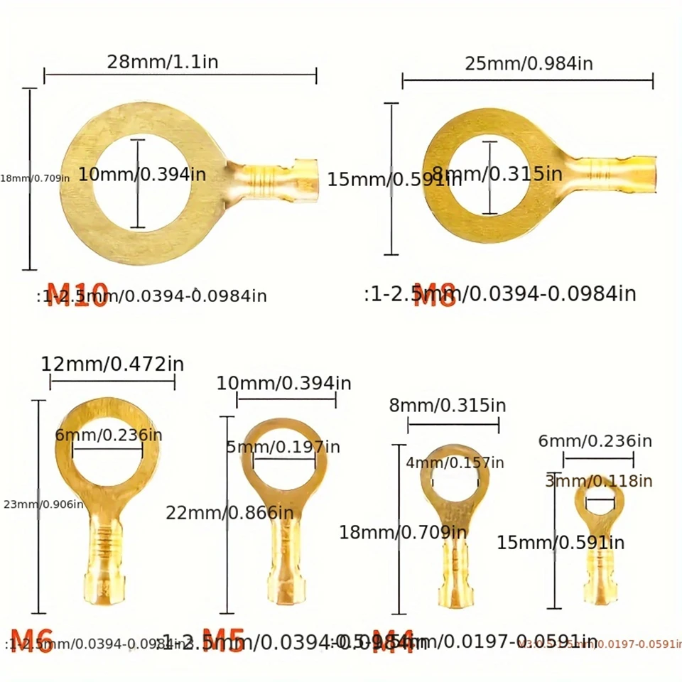 150pcs Brass Ring Terminals Kit M3-M10 Open Barrel Crimp Connectors Non-Insulated O-Type Wire Cable Lug Grounding Assortment