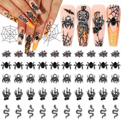 50pcs 3D Black Metal Nail Charms For Nail Art 3d Halloween Charms For Acrylic Nails Black Spider Snake Skull Hand Alloy Nail Jew