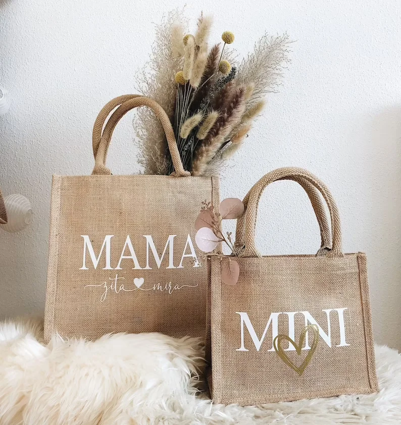 Personalized Jute Bags for Mum and Toddler Carry Bag Jute with Name Childrens Gift Idea Customized Shopping Bag Mother's Day