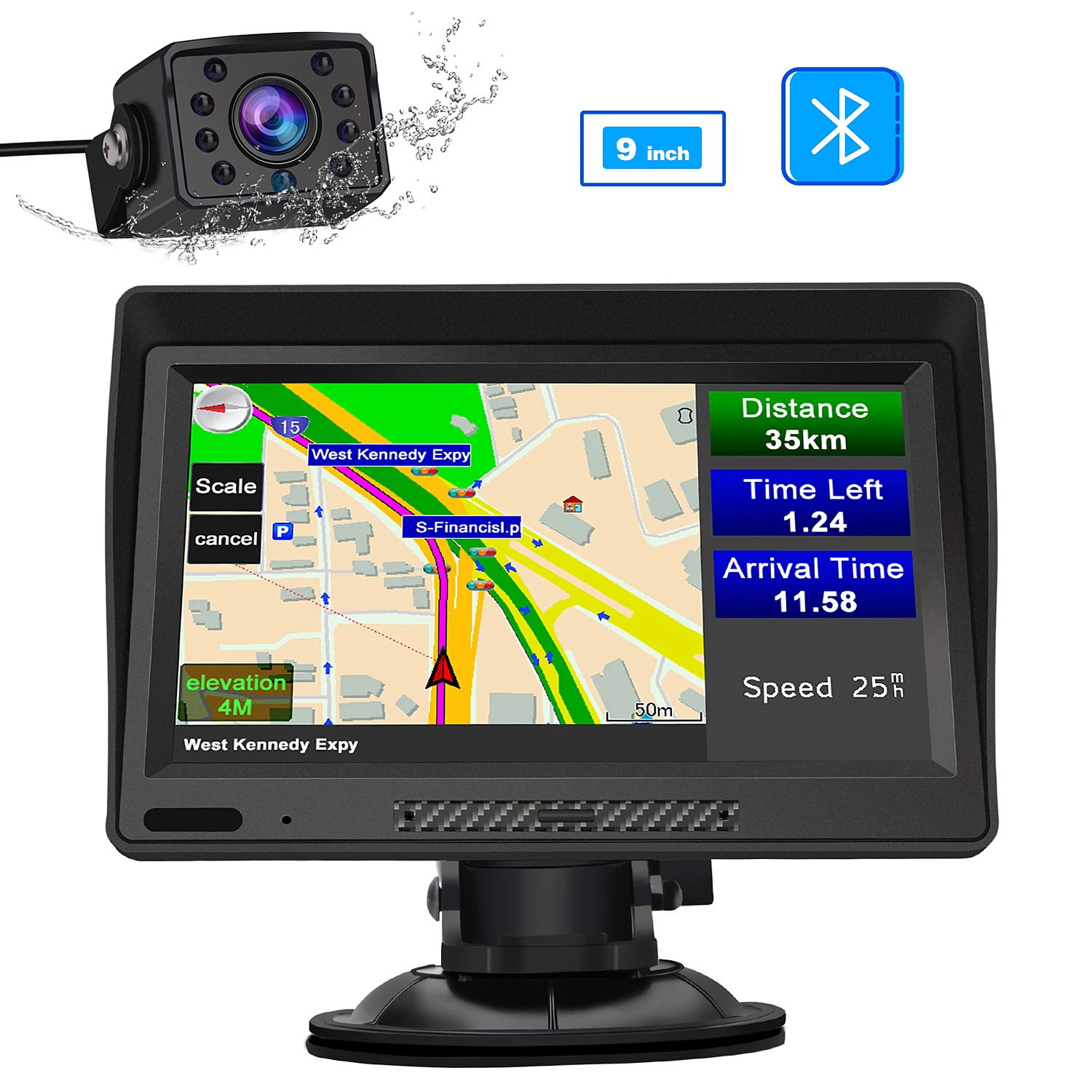 AWESAFE Truck Car GPS Navigator with Bluetooth and Rear View Camera 9 Inch LCD Multimedia Screen with Lifetime Europe Map Update