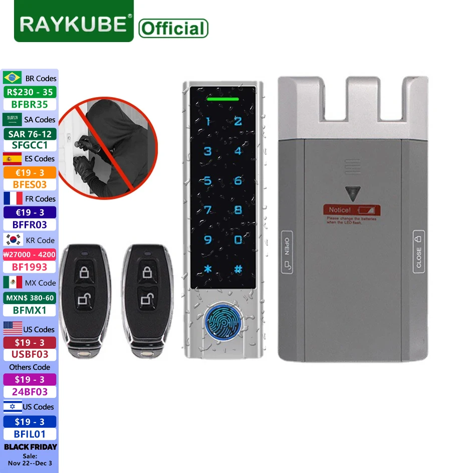 

RAYKUBE Electronic Fingerprint Smart Door Lock Kit Anti-theft Invisible Interior Lock With Remote Controller For Self Defense