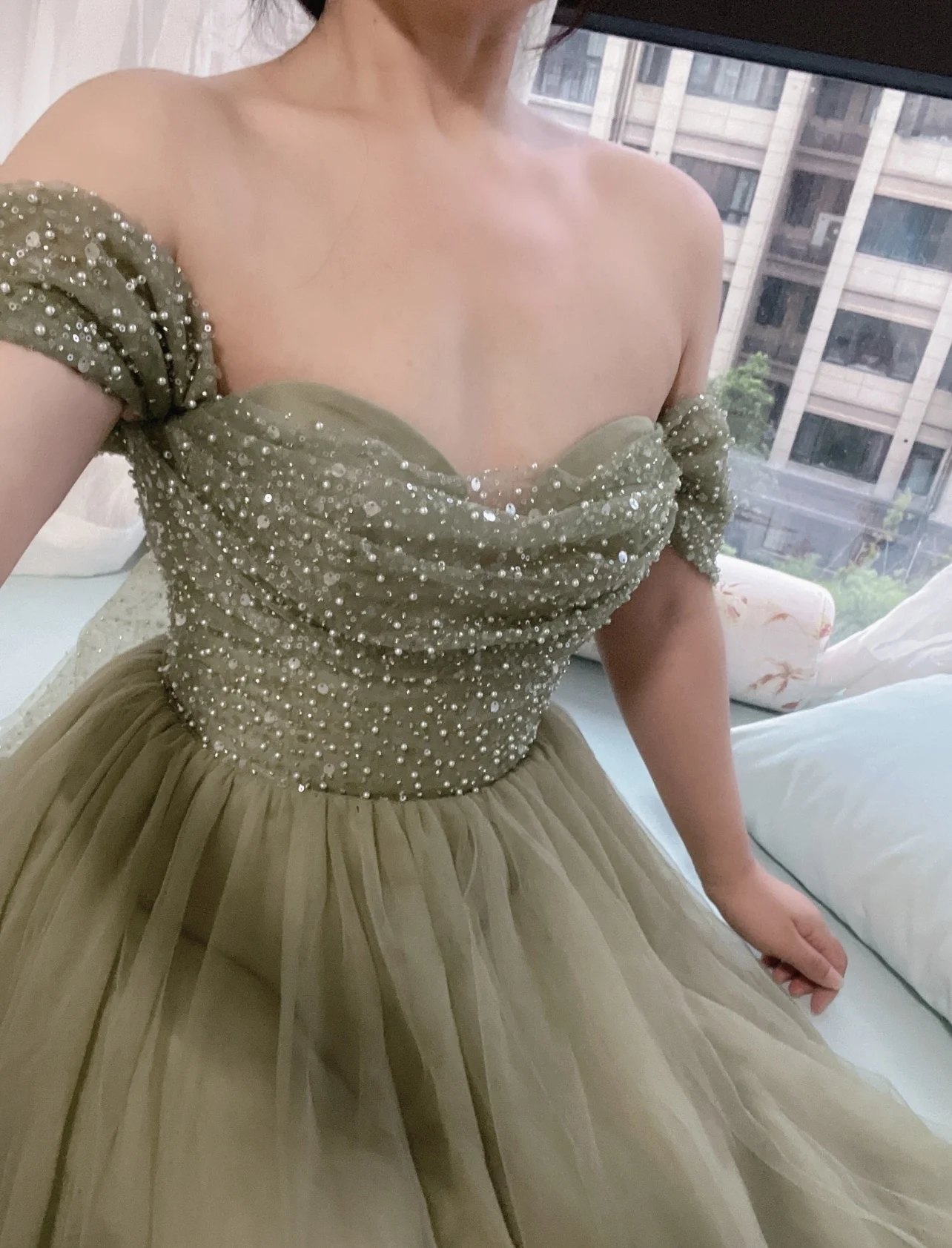 Dathy Green Off Shoulder Prom Shiny Dress Tulle Party Robe Dress Princess A Lline Evening Dress Formal Occasion Dresses