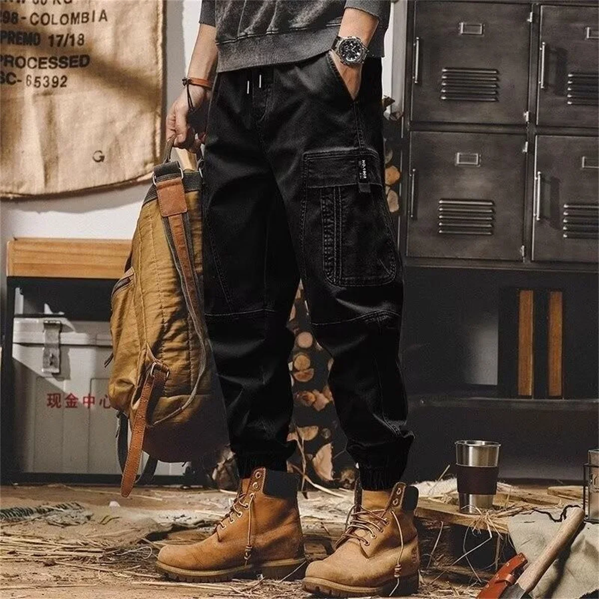 Pantalones Cargo Negros de Hip Hop para Hombre, Pantalones Cargo Negros Masculinos, Estilo Japonés Vintage, Estilo Urbano Hip Hop, Bolsillos, Estilo Safari Informal, Holgados