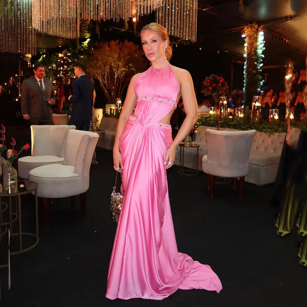 Msikoods Customized Pink Halter Evening Dresses Cut Out Beaded Satin Prom Dress Pleated A Line Party Gown Elegant Formal Gown